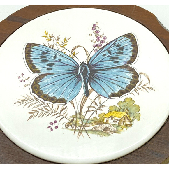 Vintage Ceramic Butterfly Trivet inset in‎ Wood Round 7.5" #2 - Picture 2 of 6